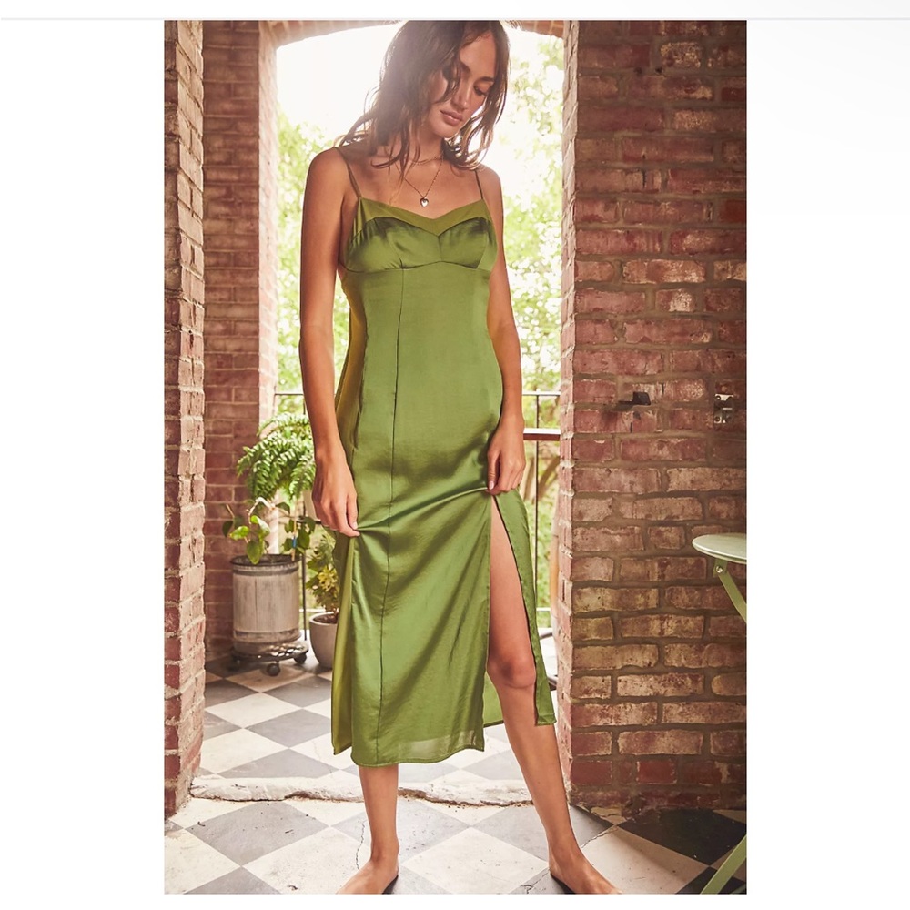 Olive Green Satin Slip Dress with Side Slit